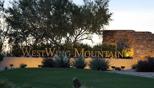 Westwing Mountain entry sign at dusk, Peoria, Arizona